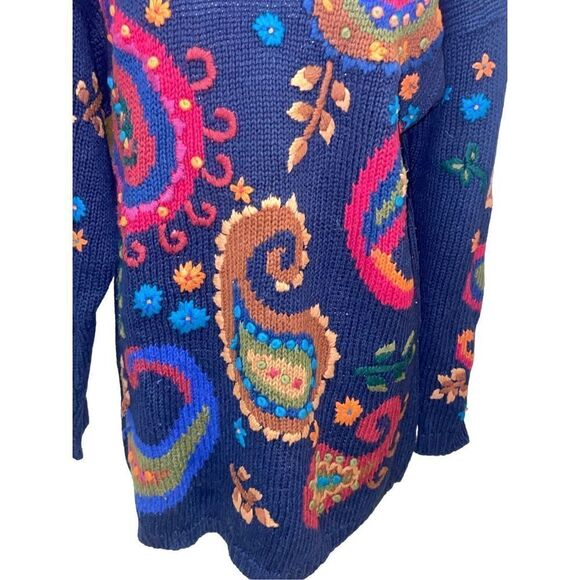 Christina Navy Blue with Bright Colored Paisley Pattern Crewneck Long Sleeve Han - Picture 4 of 15